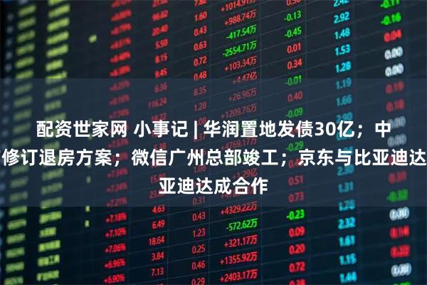 配资世家网 小事记 | 华润置地发债30亿；中交地产修订退房方案；微信广州总部竣工；京东与比亚迪达成合作